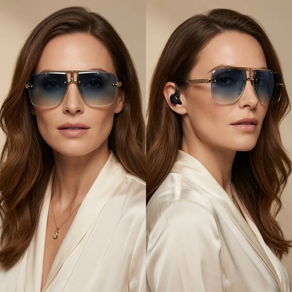 Women Oversized Rimless Sunglasses Gold Green Yellow Gradient Lens Modern Square